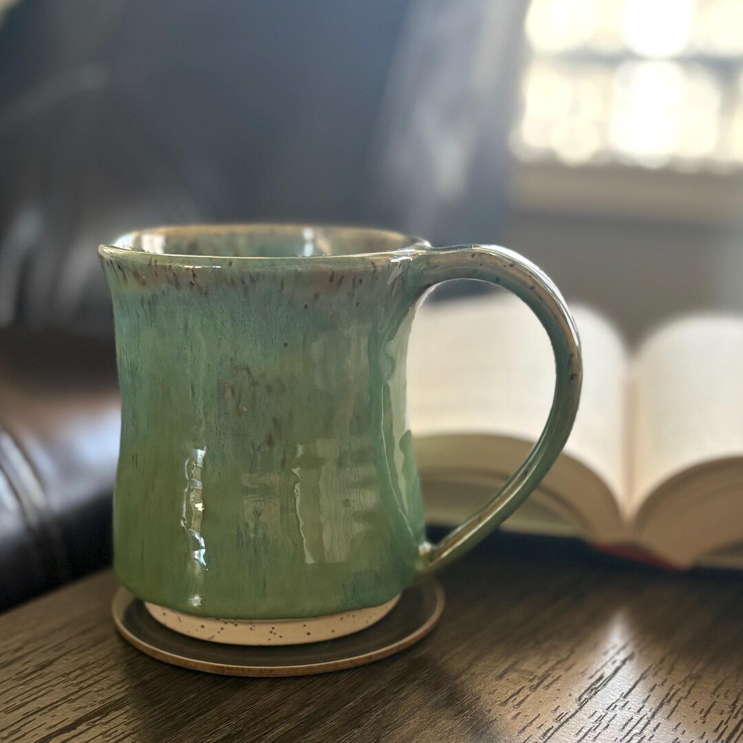 Green Stoneware Mug – Wheel Thrown Ceramic Coffee Cup – 14 Oz Artisan ...