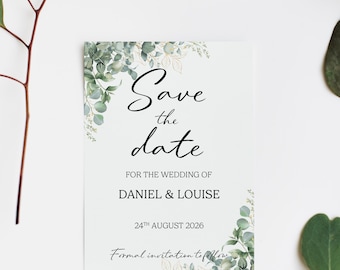 Eucalyptus Save the Date Cards: Personalised Elegant Wedding Announcement (Digital Download)