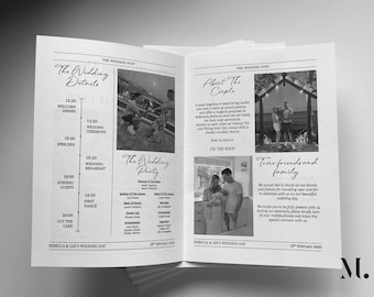 PRINTED Wedding favour newspaper post. Personalised, A5 wedding day decor.