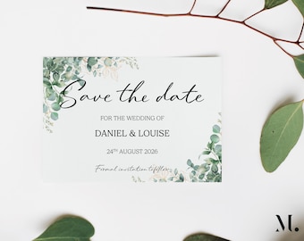 Eucalyptus Save the Date Cards: Personalised elegant Wedding Announcement (Digital Download)