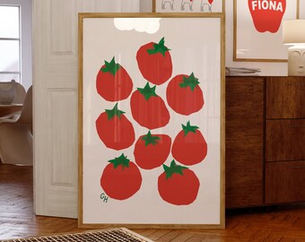 Op de afbeelding: Een witte geframed poster met een rode en groene illustratie van tomaten op een witte achtergrond. De poster heeft de letters "GH" in de linkerbenedenhoek.