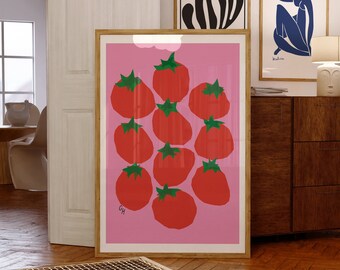 Op de afbeelding: Een roze achtergrond met een grafisch ontwerp van rode tomaten. De tomaten zijn in een tros gerangschikt, waarbij sommige elkaar overlappen. Het ontwerp is eenvoudig en modern, met een minimalistische esthetiek.