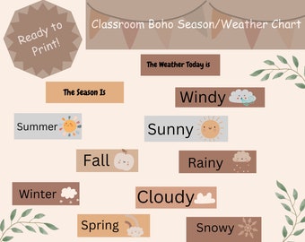 Boho Weather & Season Chart Printable, Classroom Weather Cards, Seasons Chart PDF, Instant Download, Classroom Management Decor