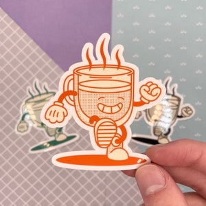 Retro koffiekop geïllustreerde sticker! Grappige koffievinylsticker | Sticker voor laptop, bidon, dagboek | Cadeau voor koffieliefhebbers