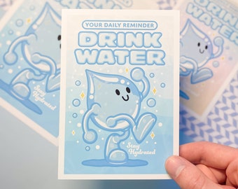 Drink More Water Print! Fun Hydration Poster, Colorful Well being Artwork, Cute Office Prints, Handmade Summer Illustration, A3, A4, A5, A6!