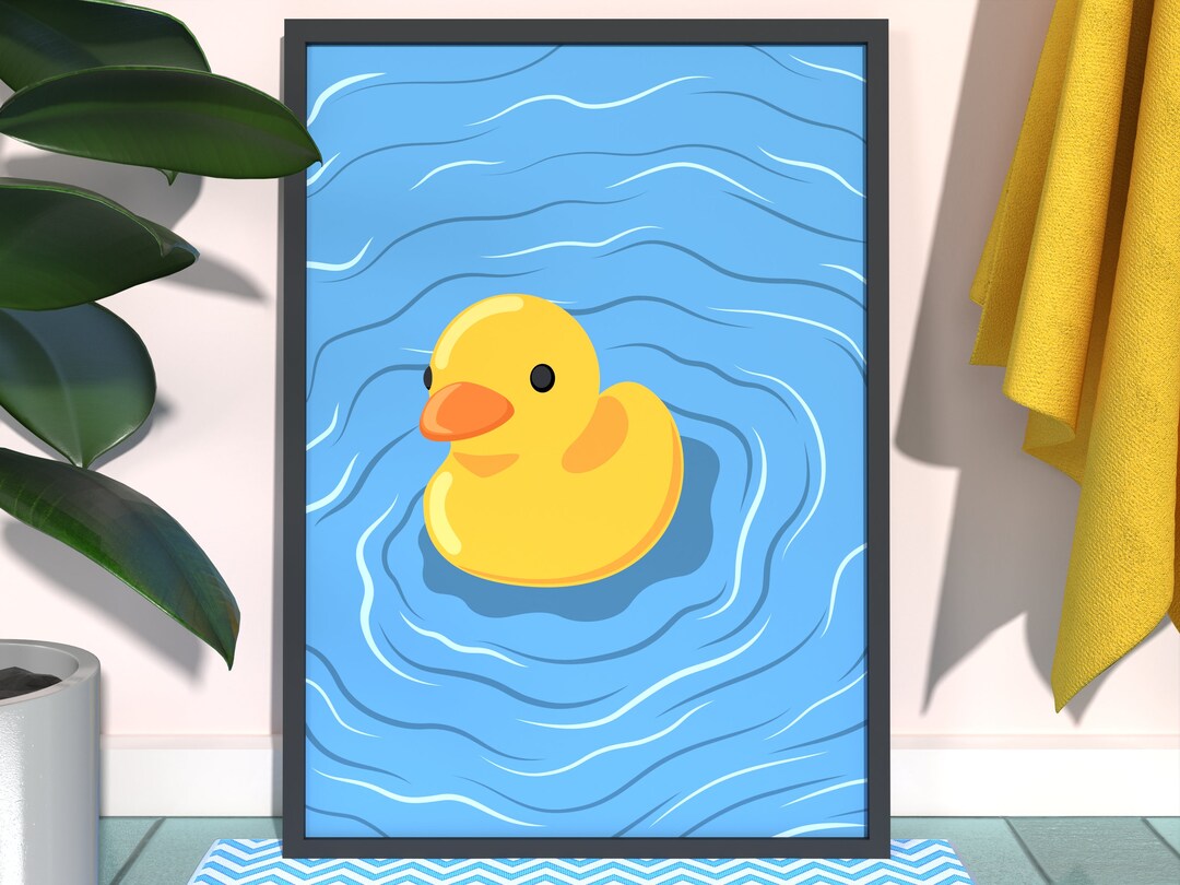 Kids Bathroom Print Yellow Rubber Duck, Simple Wall Art Poster, Blue ...