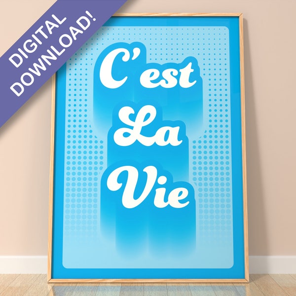 C'est La Vie Digital Print Minimalist, Quotes About Life Poster, Inspirational Wall Art, Retro Halftones Hot Pink Home Decor