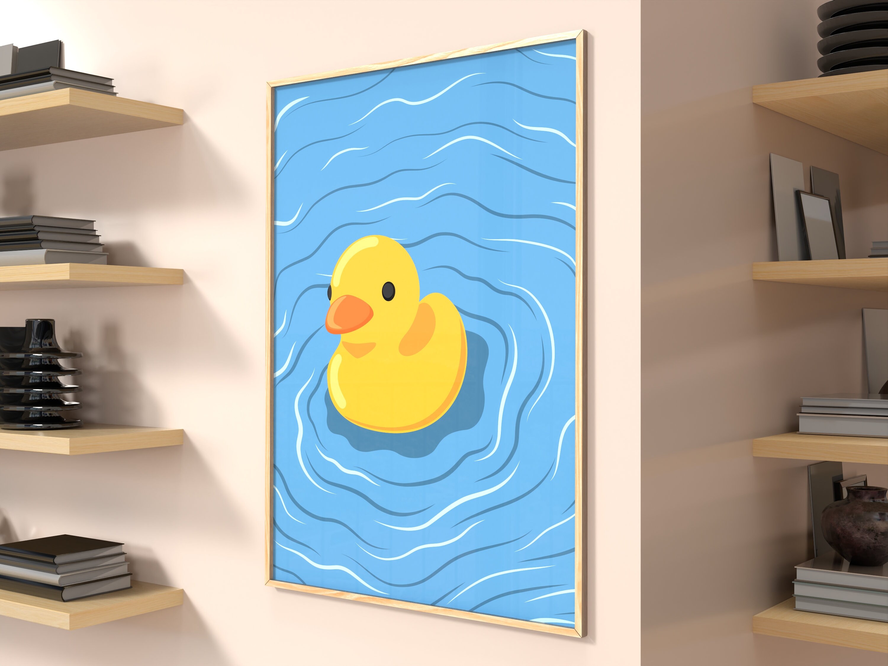 Rubber Duck Bathroom Print Yellow , Simple Wall Art Poster, Kids Blue ...