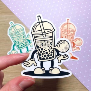 Pegatina ilustrada de té de burbujas retro. Divertida pegatina de vinilo de Boba para portátil, botella de agua, diario o regalo para amantes de Boba