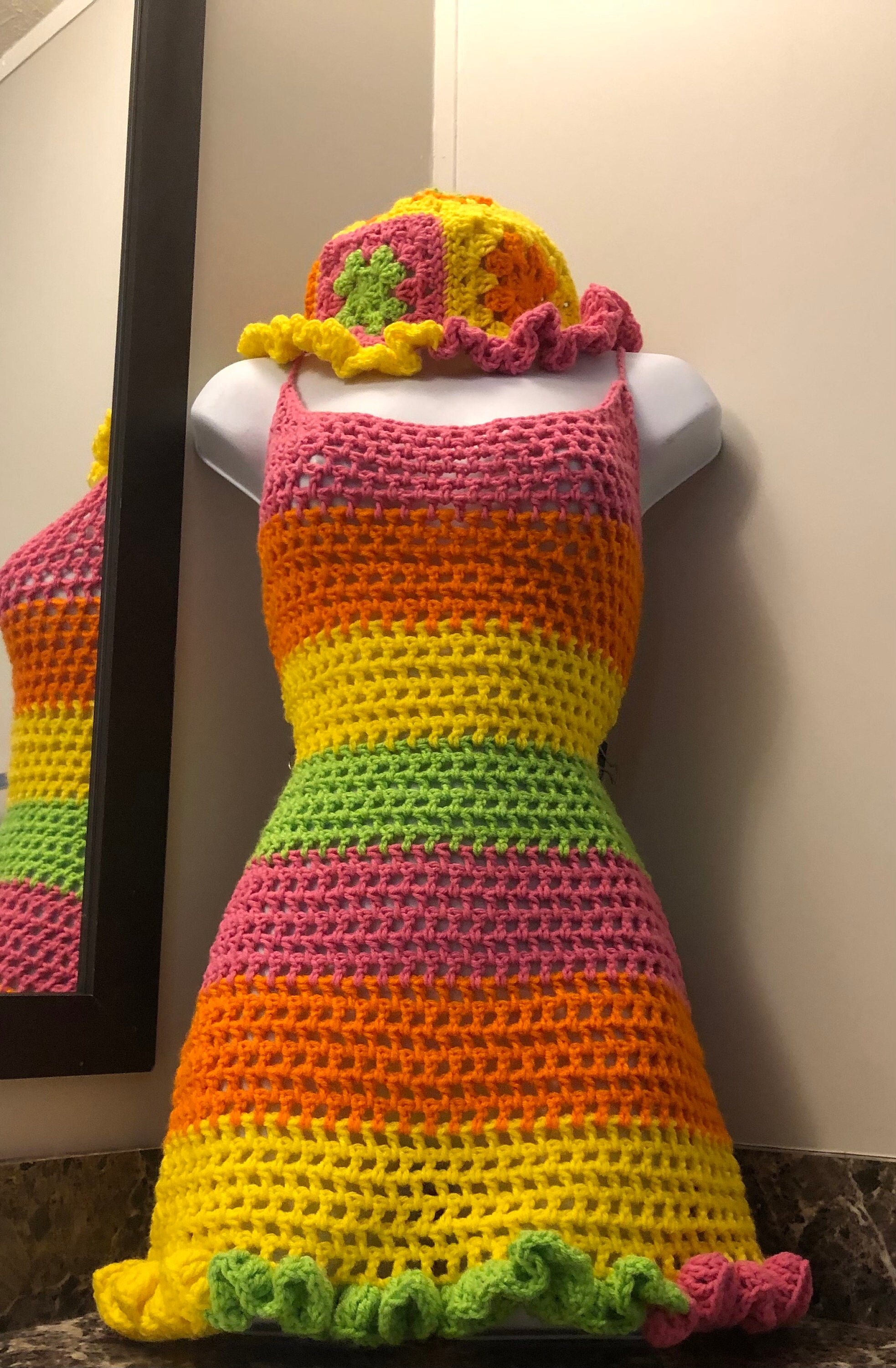 rainbow crochet halter dress Crochet Rainbow Halter Sleeveless Top & Skirt Set Multicolor 1 Piece Festival