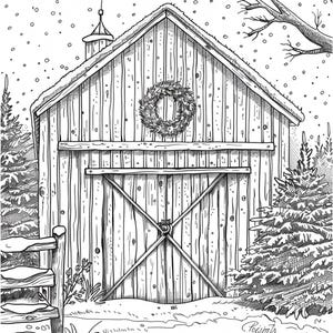 May include: Black and white illustration of a wooden barn in a winter scene. The barn has a wreath on the front and a snow-covered roof. Snow is falling, and evergreen trees and a fence are visible.
