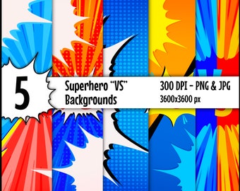 Puede incluir: Cinco fondos de cómic de superhéroes con un bocadillo de diálogo blanco en el centro. Los fondos son rojo, naranja, azul, amarillo y verde con un patrón de lunares blancos.
