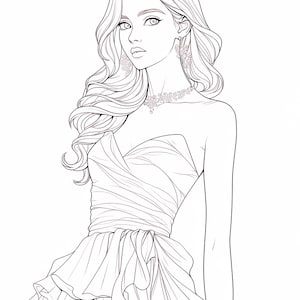 Può includere: Illustrazione a tratto di una donna in abito da sera. L'abito senza spalline presenta un corpetto drappeggiato e una gonna a balze. Indossa una collana e orecchini, con lunghi capelli ondulati.