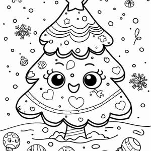 May include: Black and white line drawing of a Christmas tree with a smiling face, hearts, and ornaments. Snowflakes and ornaments surround the tree, creating a festive holiday scene. The tree has a star on top.