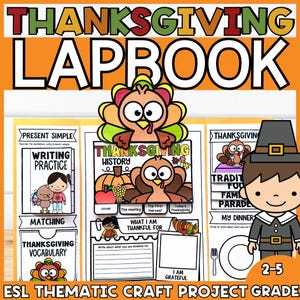 Puede incluir: Un lapbook con temática de Acción de Gracias para los grados 2-5. La portada presenta el texto "THANKSGIVING LAPBOOK" en letras coloridas. En el interior hay páginas para practicar la escritura, vocabulario e historia de Acción de Gracias, con ilustraciones.