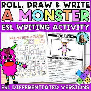 以下が含まれることがあります： ESLのライティングアクティビティ用の教育用ワークシート「Roll, Draw & Write A Monster」。画像には、ピンク色のモンスターのイラスト、サイコロ、モンスターについて描いたり書いたりするためのプロンプトが記載されたワークシートが表示されています。テキストは「ESL Differentiated Versions」と書かれています。