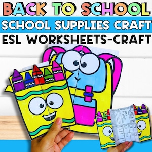 Könnte beinhalten: Buntes Papierbasteln mit Rucksack- und Buntstiftbox-Designs. Die Buntstiftboxen haben lächelnde Gesichter und enthalten bunte Buntstifte. Das Bild enthält den Text "BACK TO SCHOOL SCHOOL SUPPLIES CRAFT ESL WORKSHEETS-CRAFT".