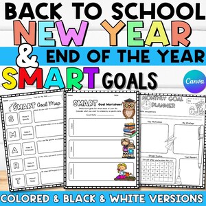 以下が含まれることがあります： 「BACK TO SCHOOL NEW YEAR & END OF THE YEAR SMART GOALS」のテキストが入った、印刷可能な目標設定ワークシートのセット。ワークシートには、SMARTゴールマップ、SMARTゴールワークシート、マンスリーゴールプランナーが含まれています。
