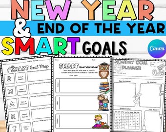 Hojas de trabajo para establecer objetivos SMART, planificador de fin de año y año nuevo, editables en Canva para estudiantes ELL. Establecimiento de objetivos para la primera y la última semana de clases.