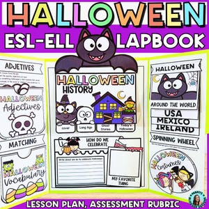 Può includere: Un lapbook ESL-ELL a tema Halloween con illustrazioni colorate. La copertina presenta un pipistrello e il titolo "Halloween History". All'interno ci sono sezioni su aggettivi, vocabolario e celebrazioni di Halloween in tutto il mondo.