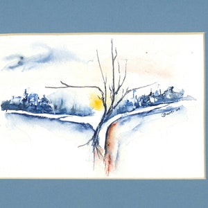 May include: A watercolor painting of a bare tree with a blue and white background. The tree is in the center of the painting and is surrounded by a blue and white landscape. The painting is signed "Bartell 09" in the bottom right corner.