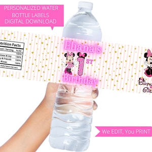 Digital Minnie Mouse Water Bottle Labels, Minnie Mouse Birthday Party, Minnie Mouse 1st Birthday, Water Bottle Labels, Printable