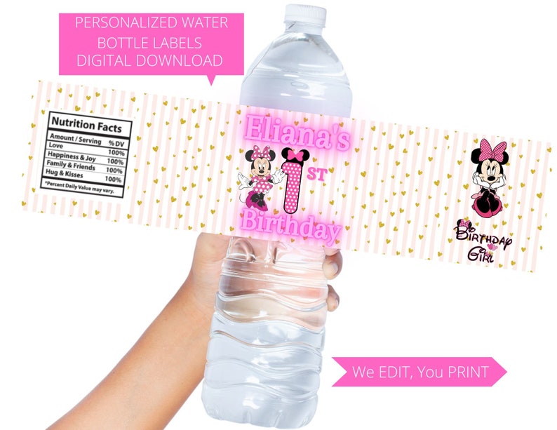 Digital Minnie Mouse Water Bottle Labels, Minnie Mouse Birthday Party