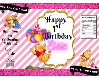 Digital Winnie the Pooh and Piglet Chip Bag/Treat Bag, Winnie the Pooh Birthday, Piglet Birthday, Digital Chip Bag Design, First Birthday