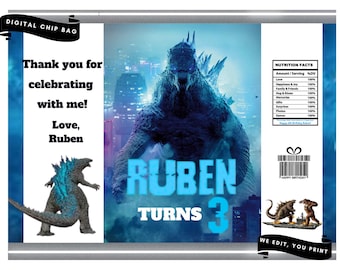 Godzilla Themed Chip Bag, Digital Party Favour, Digital Chip Bag, Digital Design, Printable after Customization