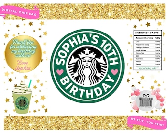 Digital Starbucks Themed Chip Bags, Starbucks Birthday, Printable Party Favour