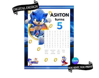 Sonic Themed Birthday Word Search, Sonic Birthday Party, Digital, Editable and Printable