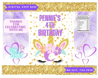 Digital Unicorn Chip Bag/Treat Bag, Unicorn Themed Birthday, Unicorn, Digital Design, Printable