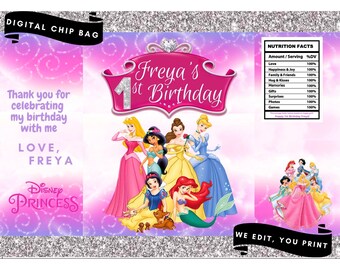 Digital Disney Princess Chip Bag/Treat Bag Template, Disney Princess Birthday, Disney Princess Party, Digital Design, Party Favour