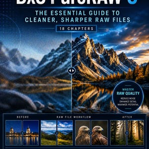Puede incluir: Una portada de libro titulada DxO PureRAW 6: The Essential Guide to Cleaner, Sharper Raw Files por John H. Warren. Presenta una comparación de un paisaje montañoso en pantalla dividida, un flujo de trabajo y varios iconos de edición.