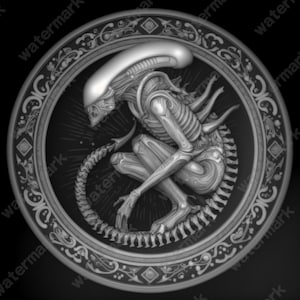 Aliens Coin Depth Map | AVP | Fiber Laser | Depth Map | 3D Laser Engrave | Xtool | Lightburn | 3d Embossing Files | PNG |
