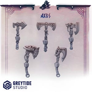 May include: Five gray axes with detailed designs are displayed against a light background. The word "AXES" is written in blue above the axes. The axes have various handle and blade designs, including animal and geometric motifs.