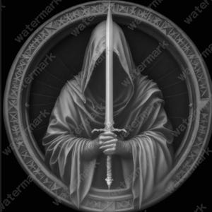 May include: A monochrome image of a hooded figure grasping a sword. The figure is framed by a circular design with a detailed border. The sword is held vertically, its blade catching the light. The artwork evokes a sense of mystery and fantasy.