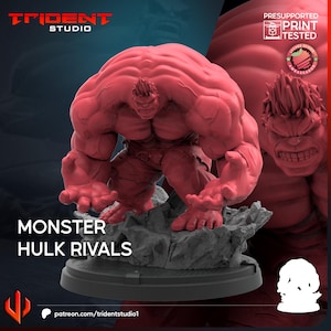 May include: A red 3D-printed Hulk figurine, posed on a rocky base. The figure is muscular and detailed, with the text "MONSTER HULK RIVALS" below. The Trident Studio logo is visible, along with a website address.