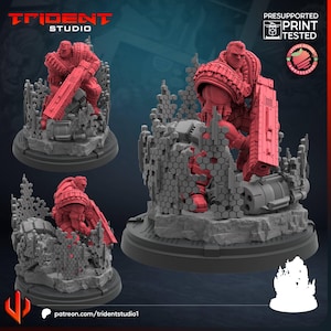 May include: A 3D printed miniature of a futuristic soldier in red plastic, standing in a ruined cityscape. The soldier is holding a large weapon and is wearing heavy armor. The miniature is pre-supported and print-tested.