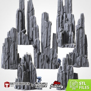 May include: Set of five 3D printed gray rock formations, designed for tabletop gaming. The rocks are tall and jagged, with a variety of textures and details.  The rocks are designed to be used as terrain for wargaming or role-playing games.