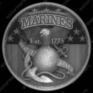 May include: A grayscale emblem featuring the text "UNITED STATES MARINES" above an eagle with outstretched wings. Below the eagle is a globe, anchor, and the text "Est. 1775". The banner reads "SEMPER FIDELIS".