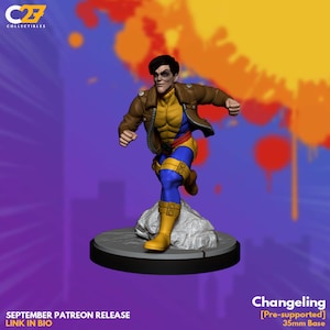 May include: A 3D printed miniature of a superhero character, Changeling, in a yellow and blue costume, running with a determined expression. The miniature is pre-supported and comes with a 35mm base.