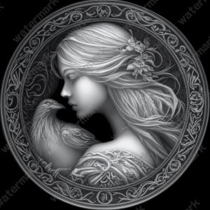 Woman and Crow Coin Depth Map | Fiber Laser | Depth Map | 3D Laser Engrave | Xtool | Lightburn | 3d Embossing Files | PNG |