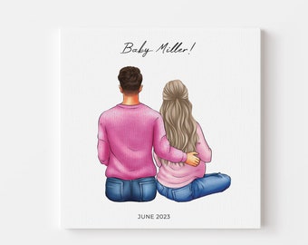Personalized Pregnant Couple Print, Custom Family Canvas, Pregnancy Announcement,Custom Illustration with Pet,Personalized Baby Shower Gift