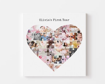 Heart Shape Collage Canvas, Baby First Year Photo Frame Personalized, Birthday Photo Collage, Custom Family Collage, Nursery Wall Art