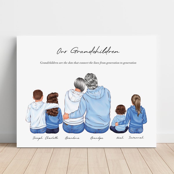 Custom Family Portrait, Gift for Grandpa and Grandma, Personalized Wall Art for Grandparents, Family Print with Pets, Gift from Grandkids