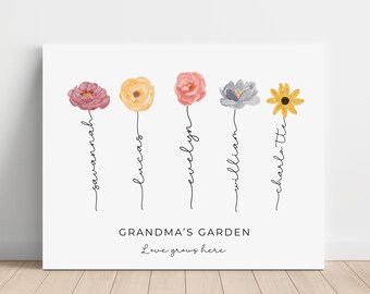 Custom Gift for Grandma, Personalized Grandma's Garden Print, Flower Stem Name Print, Custom Family Canvas, Flower Wall Art for Grandparents