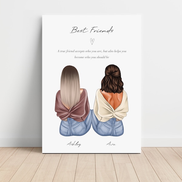 Best Friend Personalized Print, Custom Friend Canvas, Sister Printable Illustration, Birthday Gift for Her, BFF Custom Gift, Custom Wall Art