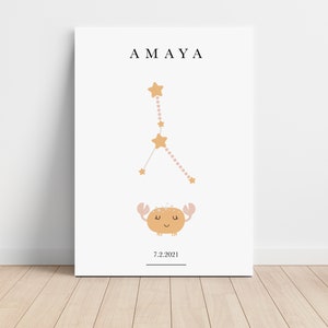 Personalized Cancer Zodiac Canvas, Astrology Nursery Wall Art, Toddler Bedroom Decor, Horoscope Astrology Print, Day You Were Born,Baby Gift