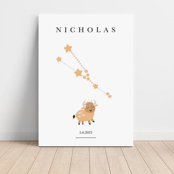 Personalized Taurus Zodiac Canvas, Astrology Nursery Wall Art, Toddler Bedroom Decor, Horoscope Astrology Print, Day You Were Born,Baby Gift